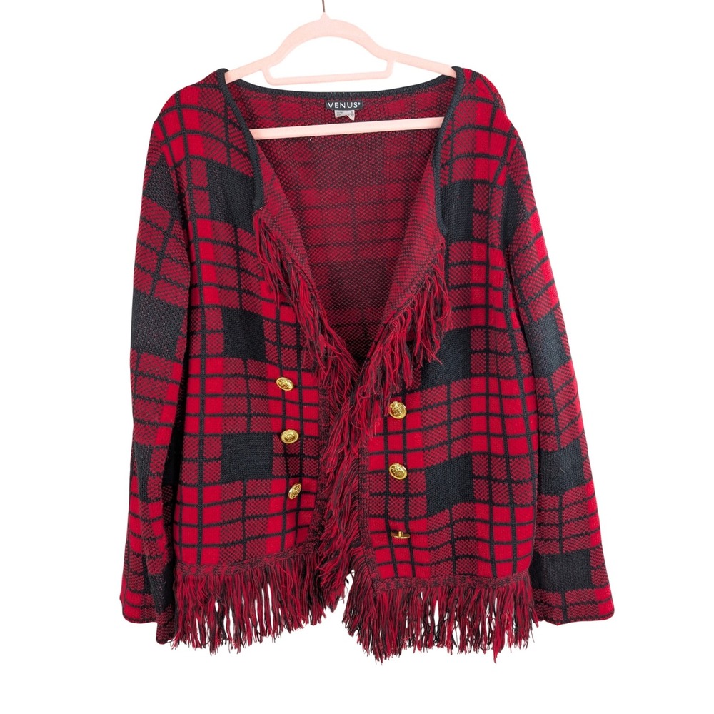Venus Women Cardigan Sweater XL Red Black Plaid Fringe Knit Open Front Old Money